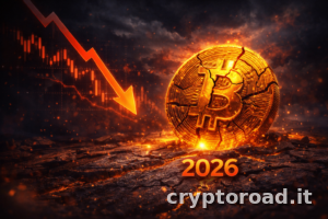 Bitcoin febbraio 2026: grafico del crollo prezzi -47% dai massimi storici