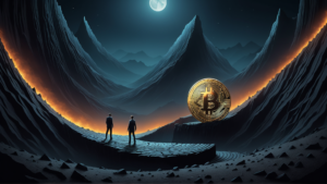 Valle della disperazione bitcoin: Bitcoin in drawdown con ombra di smartphone e grafico ribassista, analisi Saylor-Apple