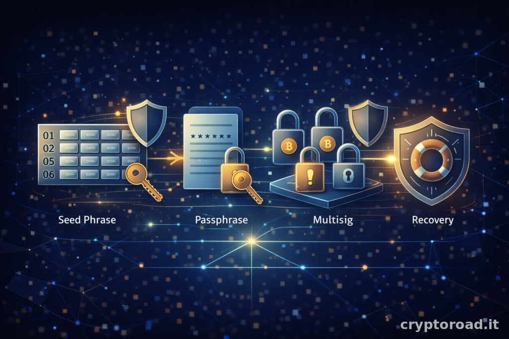 Wallet self custody: seed, passphrase, multisig e recovery