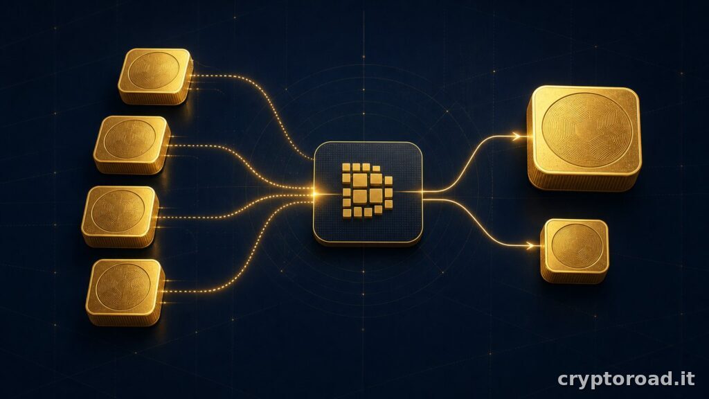 UTXO Bitcoin: input separati che entrano in una transazione e generano output di pagamento e resto