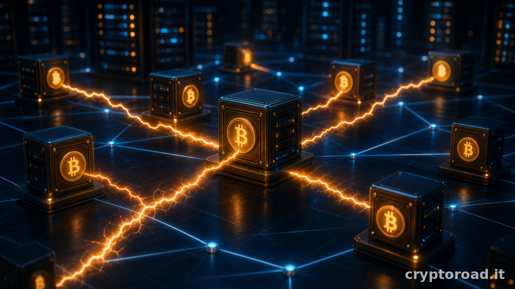Lightning Network: nodi Bitcoin collegati da canali di pagamento rapidi e routing su rete distribuita