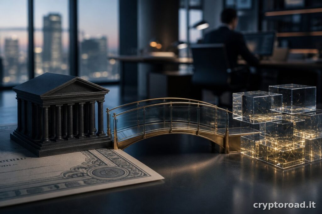 Azioni USA e tokenizzazione rappresentate da un ponte tra finanza tradizionale e blockchain