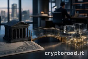 Azioni USA e tokenizzazione rappresentate da un ponte tra finanza tradizionale e blockchain