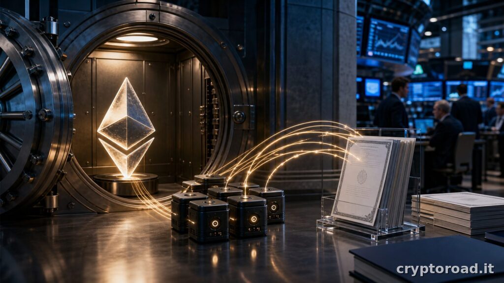 Fidelity Ethereum Fund staking ETH: visual editoriale su custodia istituzionale e validatori Ethereum