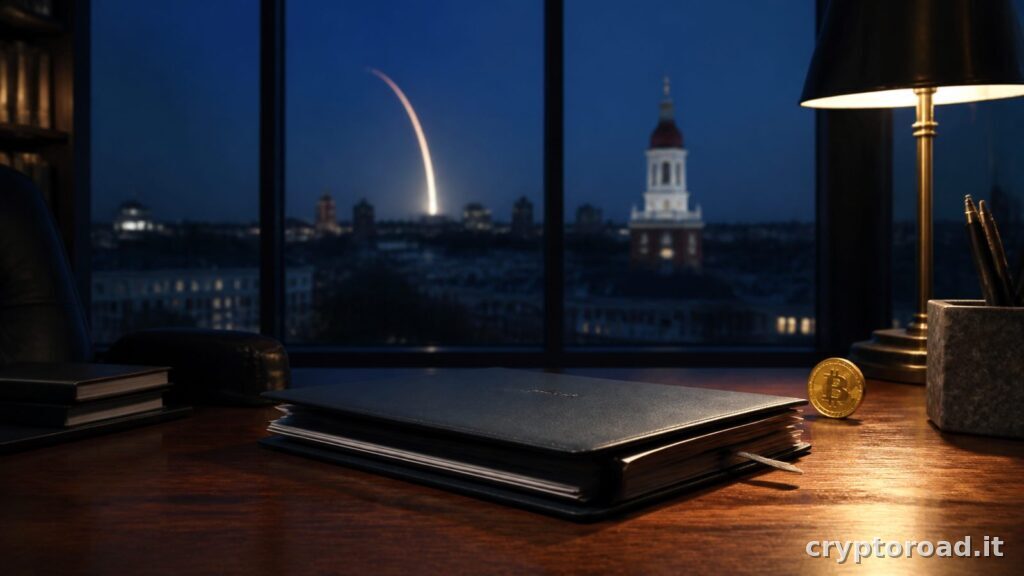 Harvard SpaceX Bitcoin ETF: portafoglio istituzionale con Bitcoin e traiettoria di lancio sullo sfondo