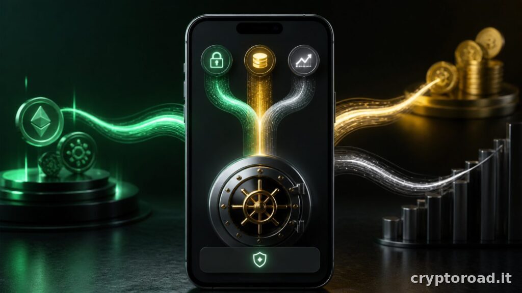 App finanziaria con percorsi di rendimento crypto e cassaforte digitale