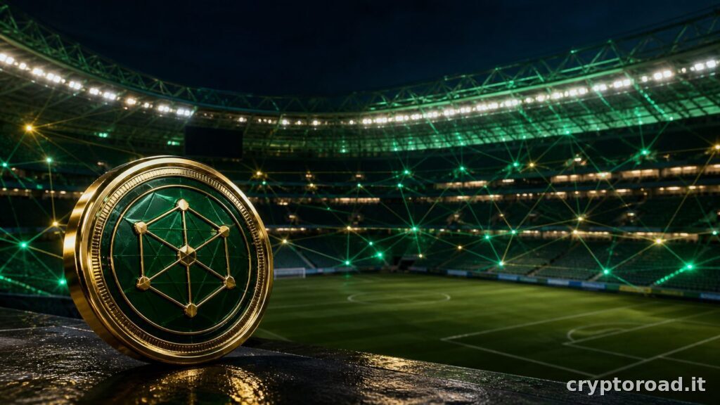 Token digitale davanti a uno stadio