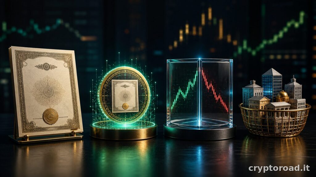 Azione, token, CFD ed ETF: confronto visivo tra proprietà, replica, custodia e rischio di controparte