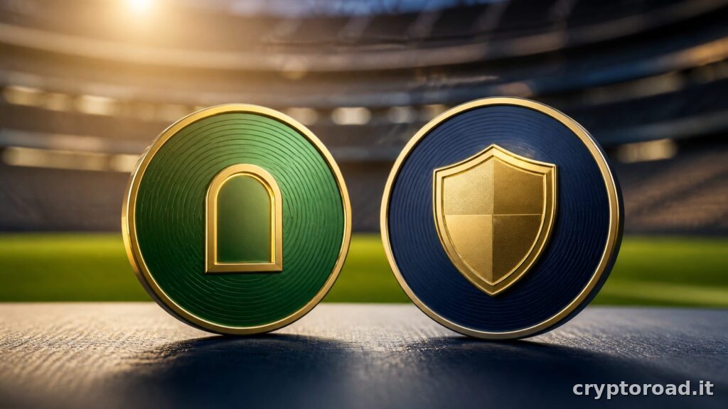 Fan token e quote tokenizzate: due gettoni simbolici davanti a uno stadio per distinguere utilità e diritti economici