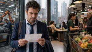 Salari reali in Italia: lavoratore osserva la busta paga tra industria, servizi e aumento del costo della spesa