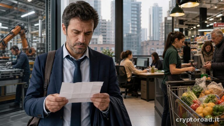 Salari reali in Italia: lavoratore osserva la busta paga tra industria, servizi e aumento del costo della spesa