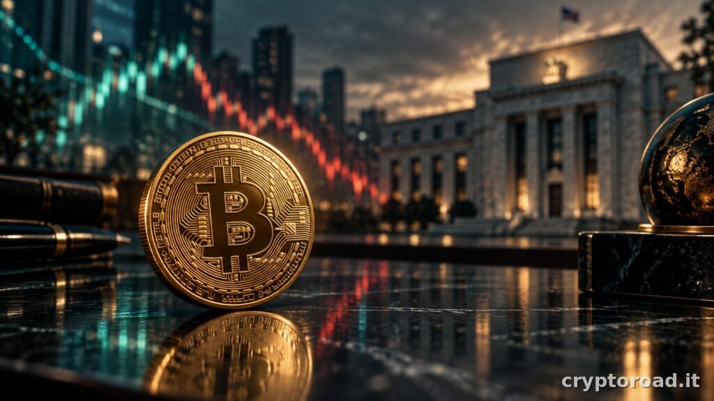 Bitcoin su un tavolo finanziario davanti a un edificio istituzionale e a un mercato in calo