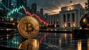 Bitcoin su un tavolo finanziario davanti a un edificio istituzionale e a un mercato in calo
