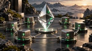 Cristallo centrale circondato da validatori collegati, illustrazione dello staking Ethereum