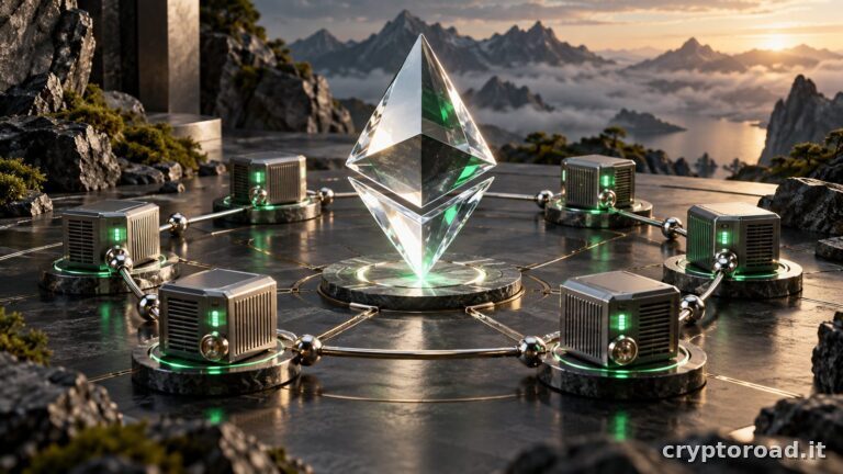 Cristallo centrale circondato da validatori collegati, illustrazione dello staking Ethereum