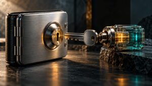 Cassaforte wallet collegata a un meccanismo programmabile tramite una chiave, illustrazione della delegazione