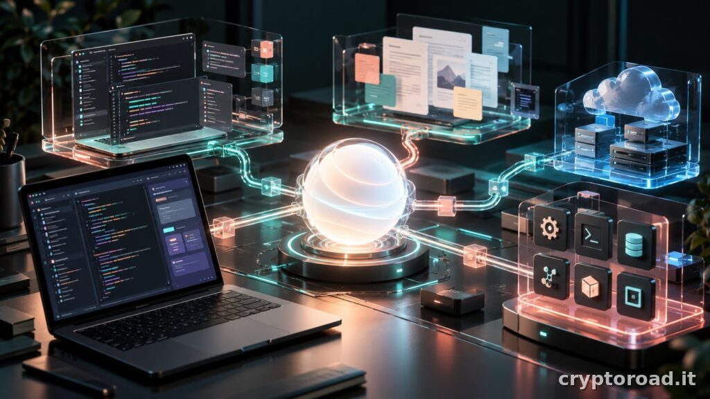 OpenAI DevDay 2026: illustrazione editoriale di agenti, codice e documenti collaborativi