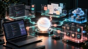 OpenAI DevDay 2026: illustrazione editoriale di agenti, codice e documenti collaborativi