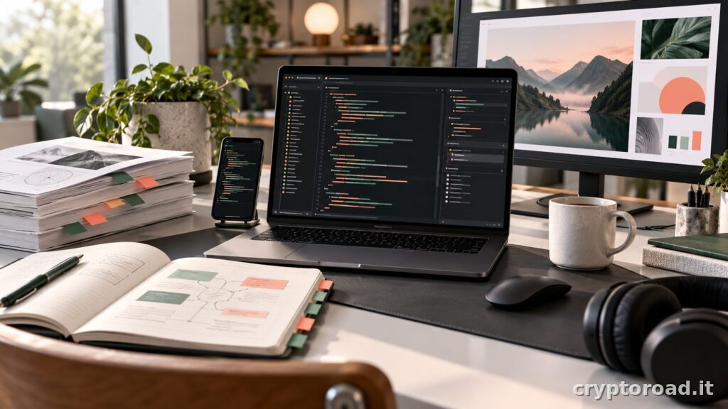 Claude Code: illustrazione di una postazione con codice, smartphone, appunti e strumenti di design