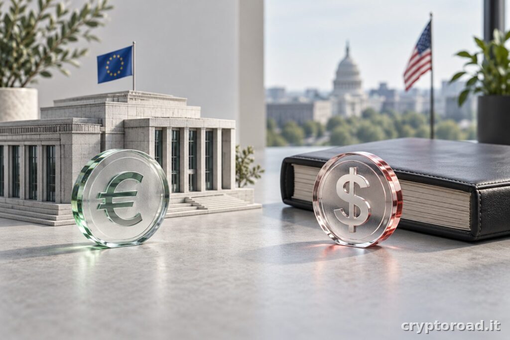 Illustrazione editoriale: moneta pubblica in euro e token di pagamento privato in dollari