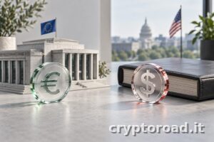 Illustrazione editoriale: moneta pubblica in euro e token di pagamento privato in dollari