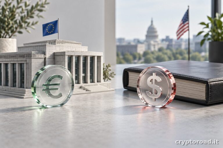 Illustrazione editoriale: moneta pubblica in euro e token di pagamento privato in dollari