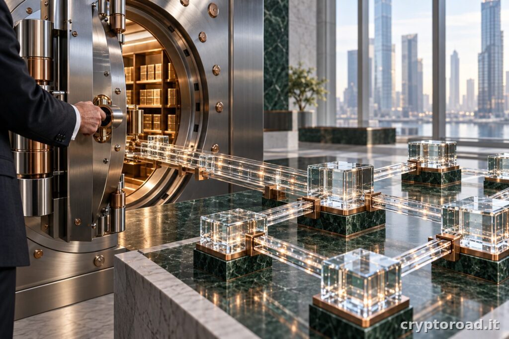 JPM Coin su Ethereum: perché JPMD non è una stablecoin retail: illustrazione editoriale concettuale