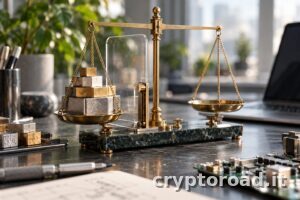 max-fee-exceeded: bilancia con blocchi metallici e barriera di controllo, illustrazione sulle commissioni Bitcoin