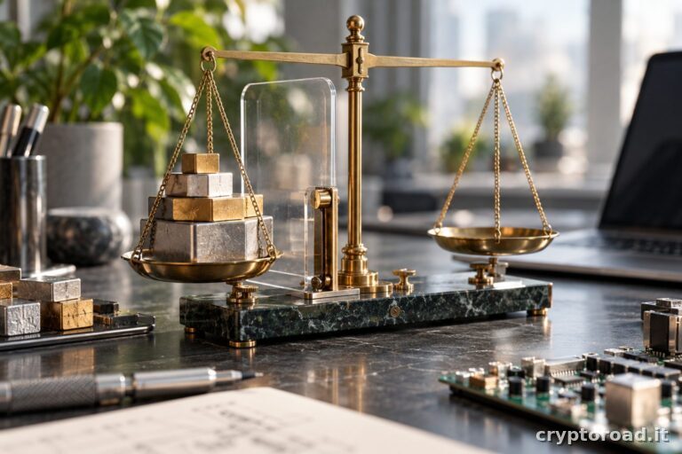 max-fee-exceeded: bilancia con blocchi metallici e barriera di controllo, illustrazione sulle commissioni Bitcoin