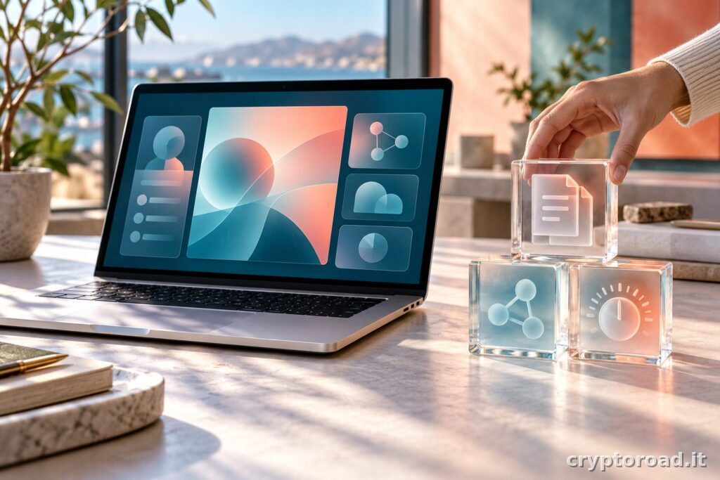Gemini Customize: illustrazione concettuale di moduli per skill, connessioni e preferenze accanto a un portatile
