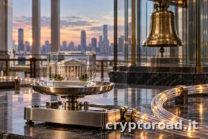 Chainlink 24/7: illustrazione simbolica di una garanzia tokenizzata su una bilancia e una campana di Borsa