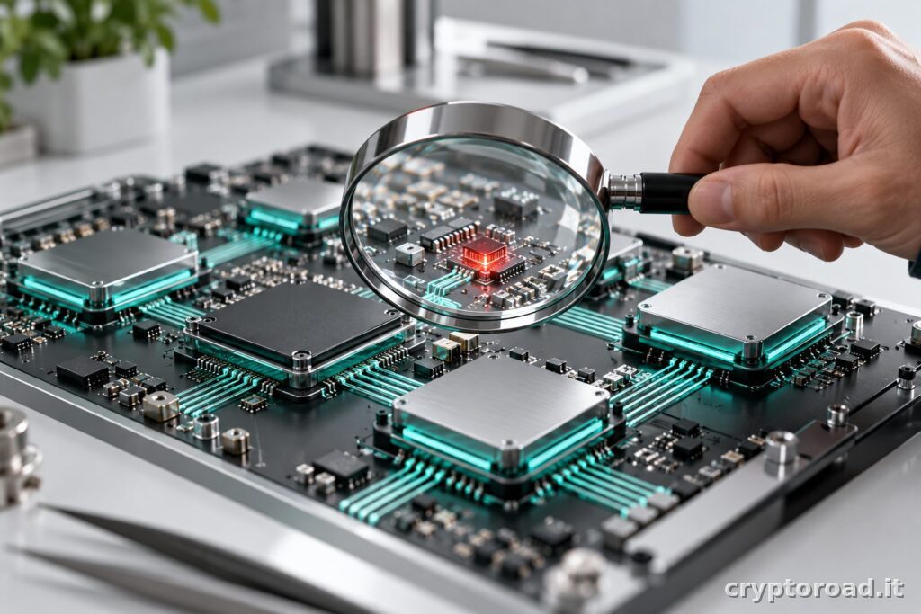Claude Security: illustrazione concettuale di una lente che individua un difetto tra moduli elettronici