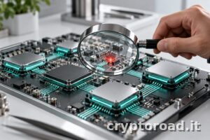 Claude Security: illustrazione concettuale di una lente che individua un difetto tra moduli elettronici